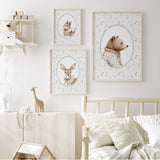 Whimsical woodland animal illustrations of a bear, deer, and squirrel in a nursery printable set with a floral background, perfect for gender-neutral baby room decor.