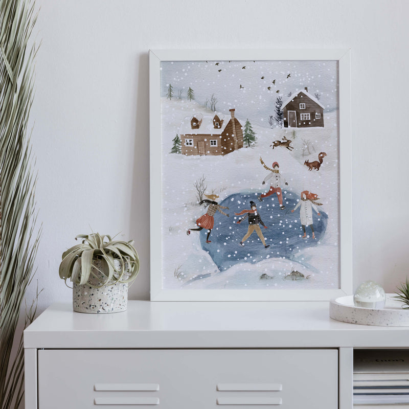 Watercolor ice skating poster for neutral christmas home decor.