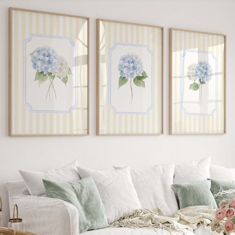 Yellow striped hydrangea wall art printable set of 6 blue and white floral botanical prints