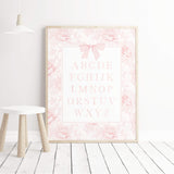 Soft pink cottagecore alphabet poster with floral border for kids bedroom