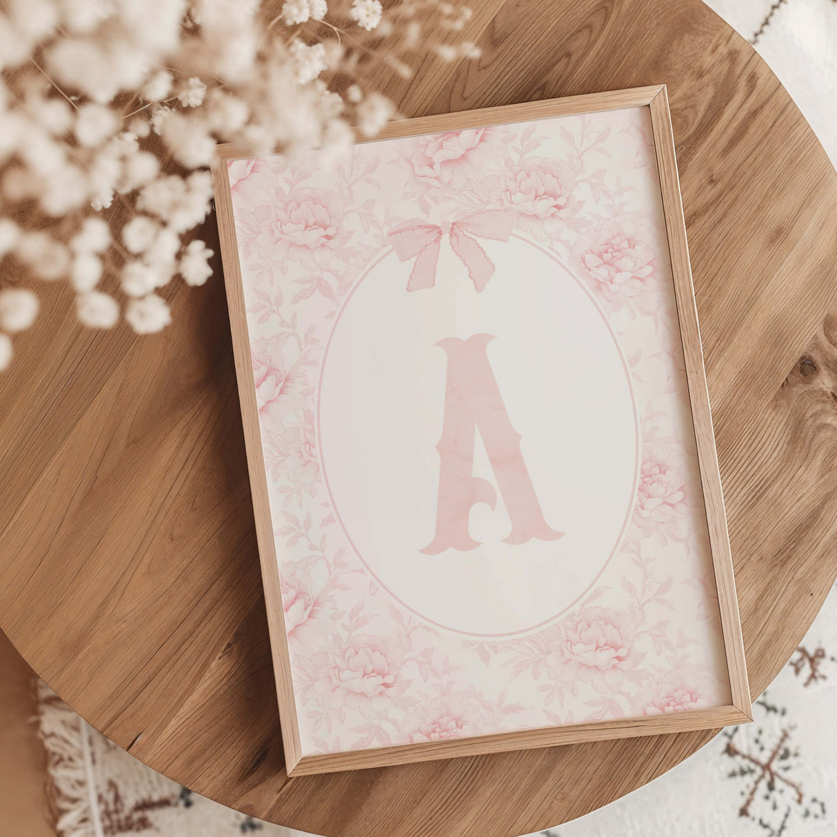 Pink floral initial letter wall art printable with vintage rose frame for baby girl nursery decor