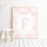 Romantic vintage rose initial letter printable nursery decor for baby girl room