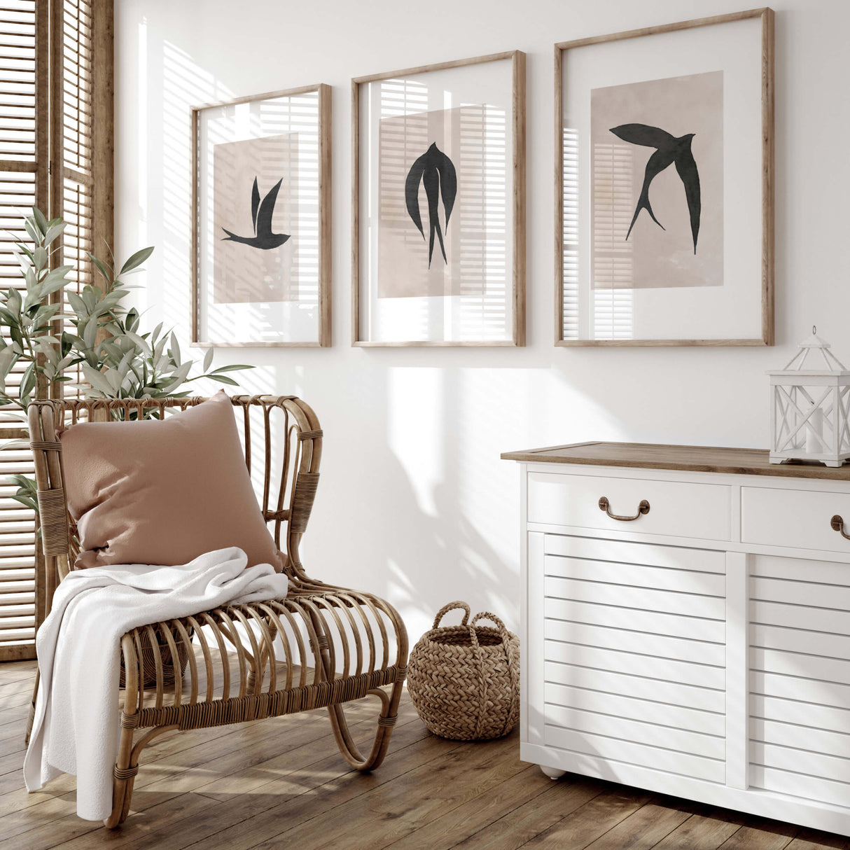 Set of 3 watercolor wabi-sabi black bird print with beige background for wabi sabi home decor, minimalist home decor, beige home decor