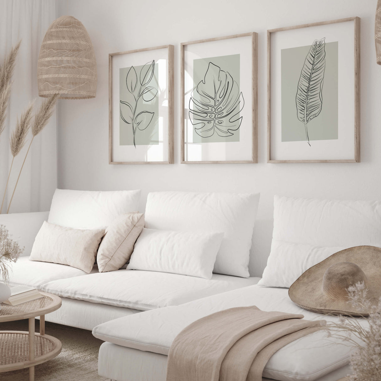 Abstract leaves line art printable with sage green background for neutral home decor, white home decor, beige home decor, boho home decor, modern home decor.