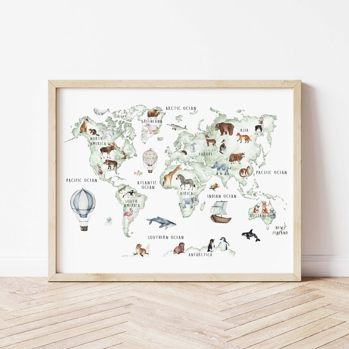 Watercolor nursery world map printable with continent and animals with sage green, gray and brown color for neutral nursery wall decor, boys room decor and girls room decor.