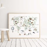 Watercolor world map printable with continent and animals with sage green color for neutral nursery wall decor, boys room decor and girls room decor.