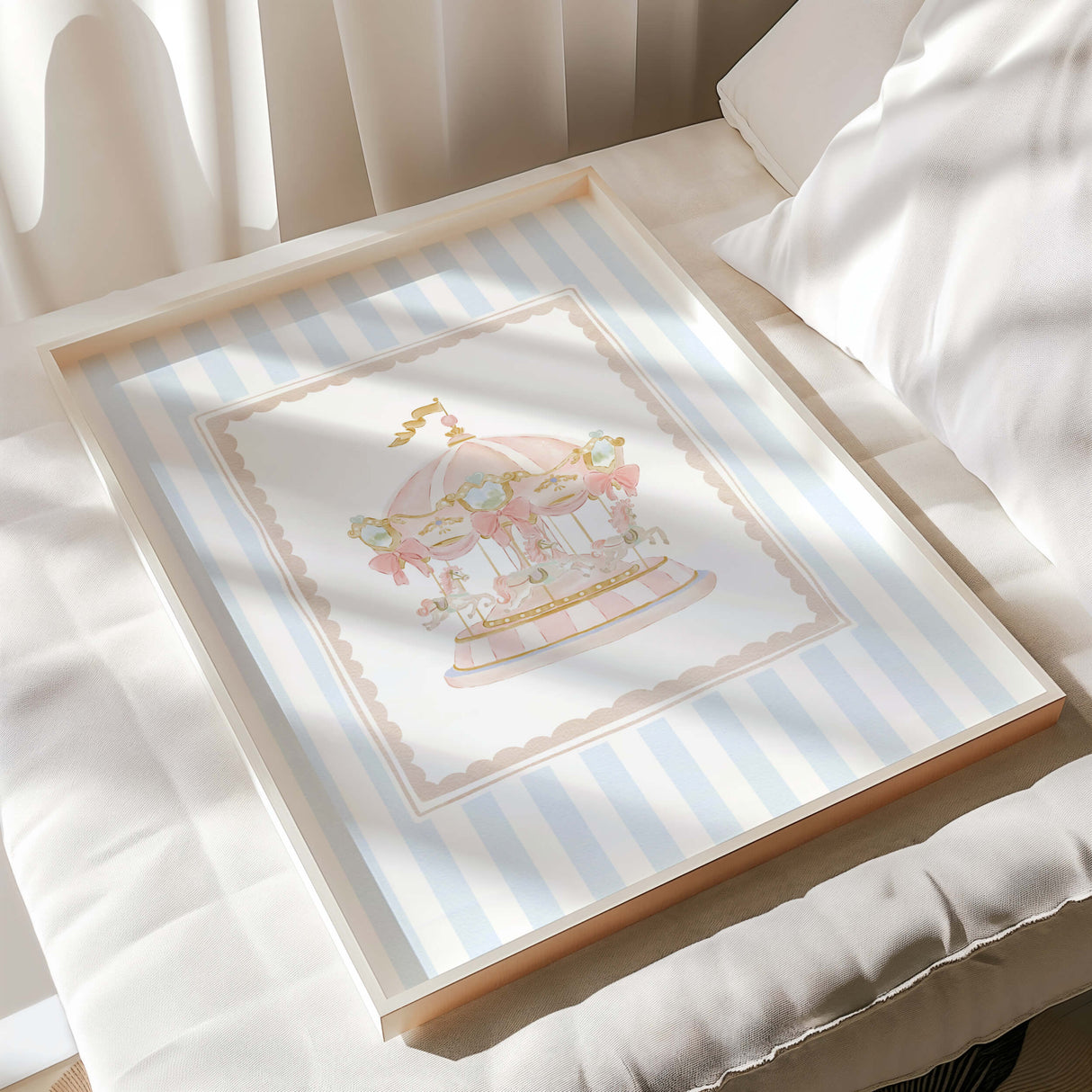 Whimsical baby wall art set featuring carousel horse and dreamy animals