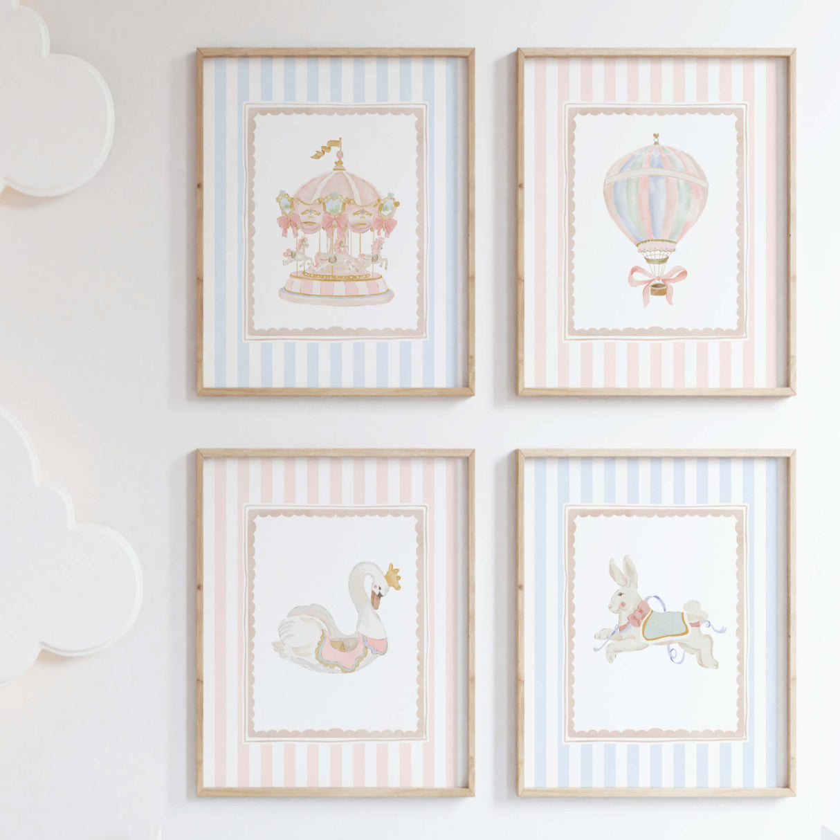 Pastel carousel printable nursery wall art with pink and blue stripes