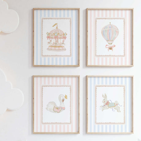 Pastel carousel printable nursery wall art with pink and blue stripes