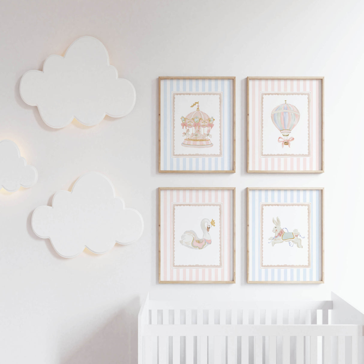 Baby room decor set with carousel, hot air balloon, swan and bunny printable art