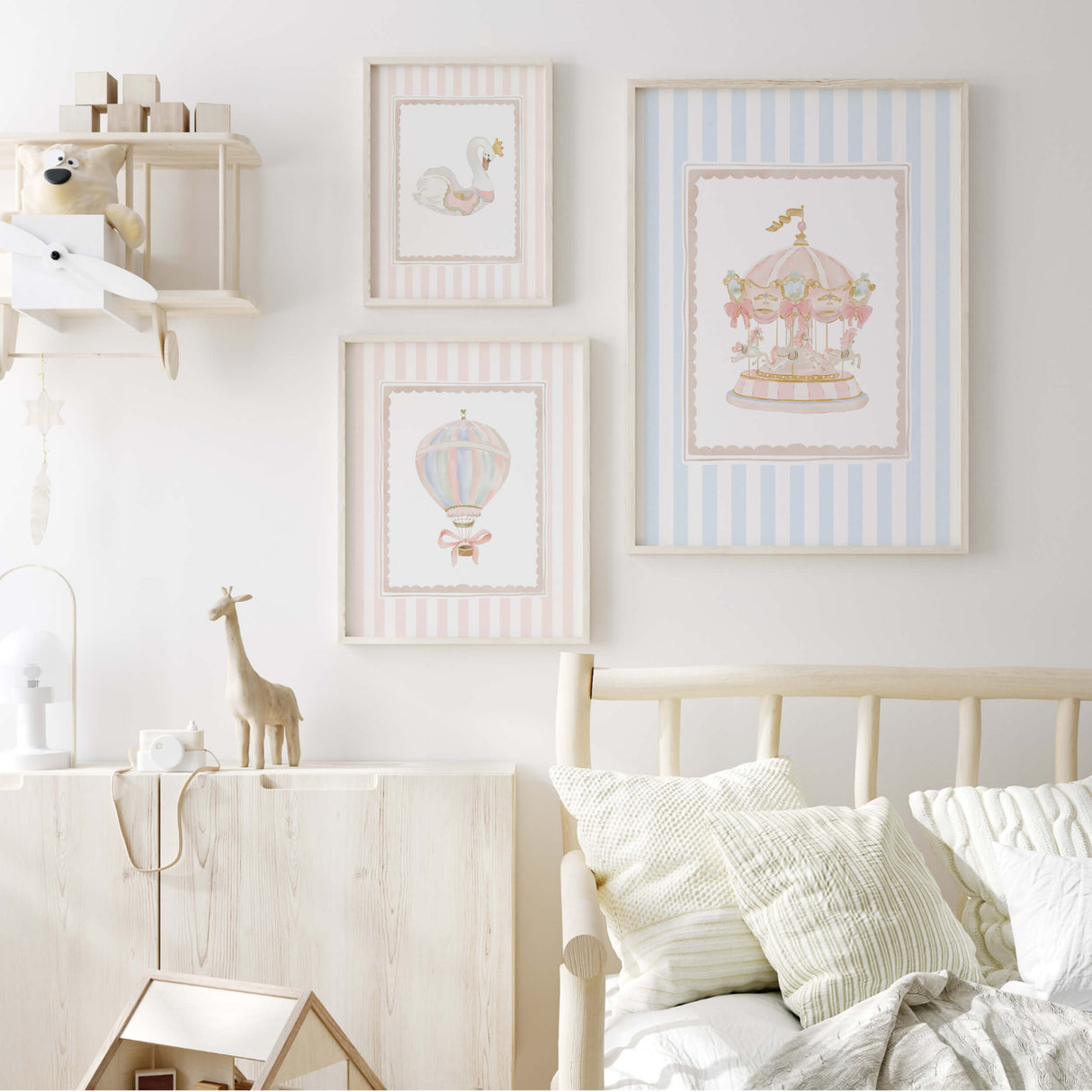 Printable ballerina carousel nursery art in pink and blue tones