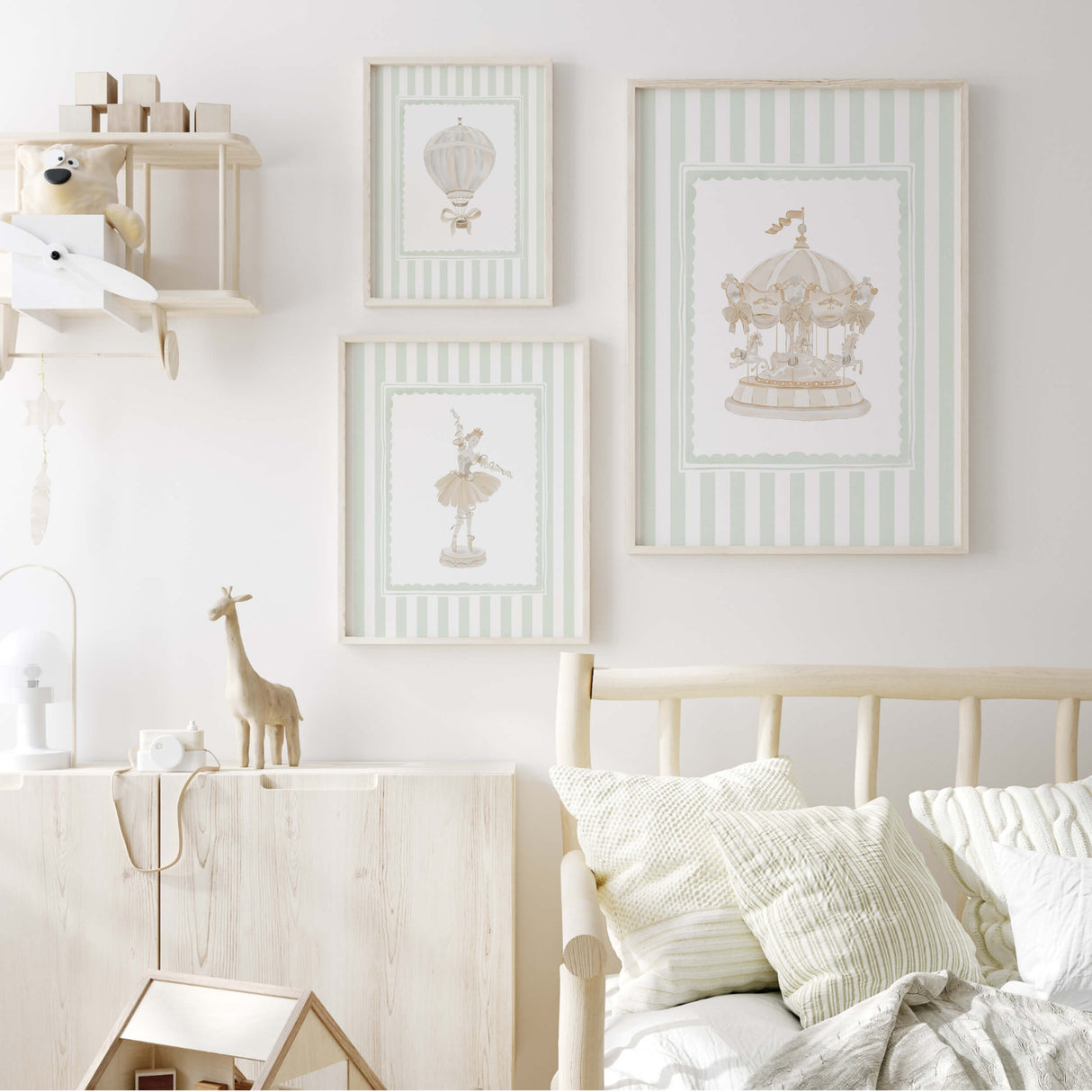 Luxury nursery printable wall art set with carousel and hot air balloon prints.