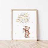 Watercolor teddy bear with balloon print in gray, brown, yellow colors for gender neutral nursery decor, baby girls room decor, toddler room decor, baby boys room decor.