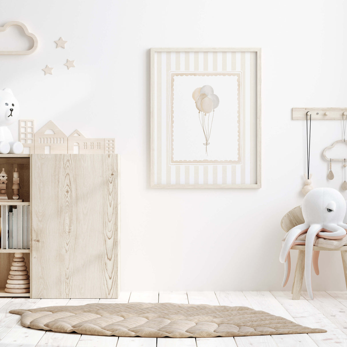 Beige striped printable artwork for gender neutral nursery with vintage circus theme

