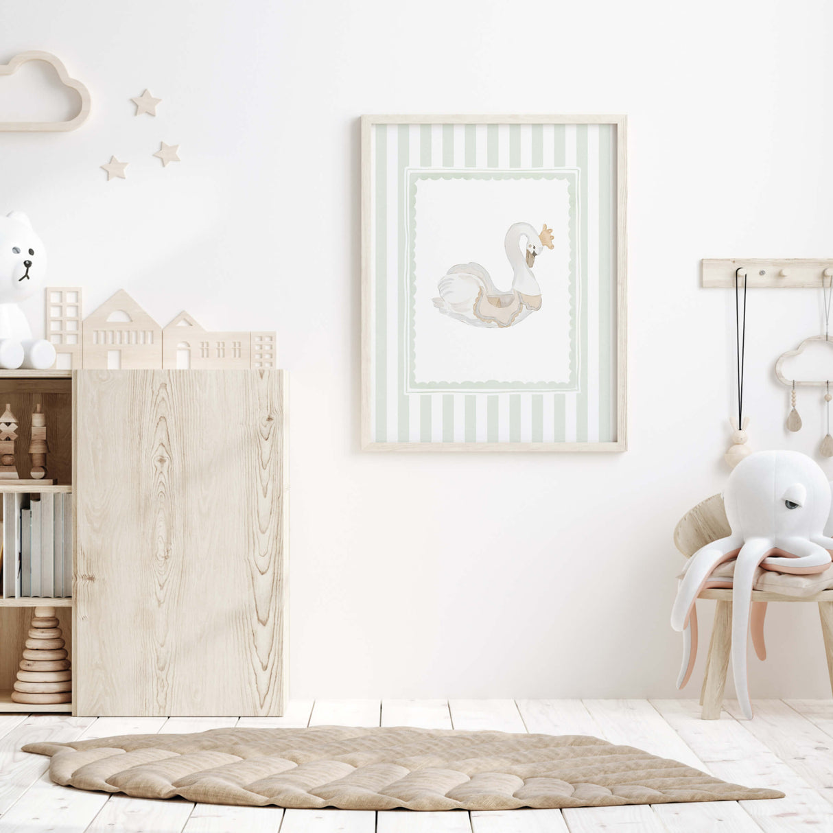 Minimalist gender neutral nursery prints beige and sage striped background.