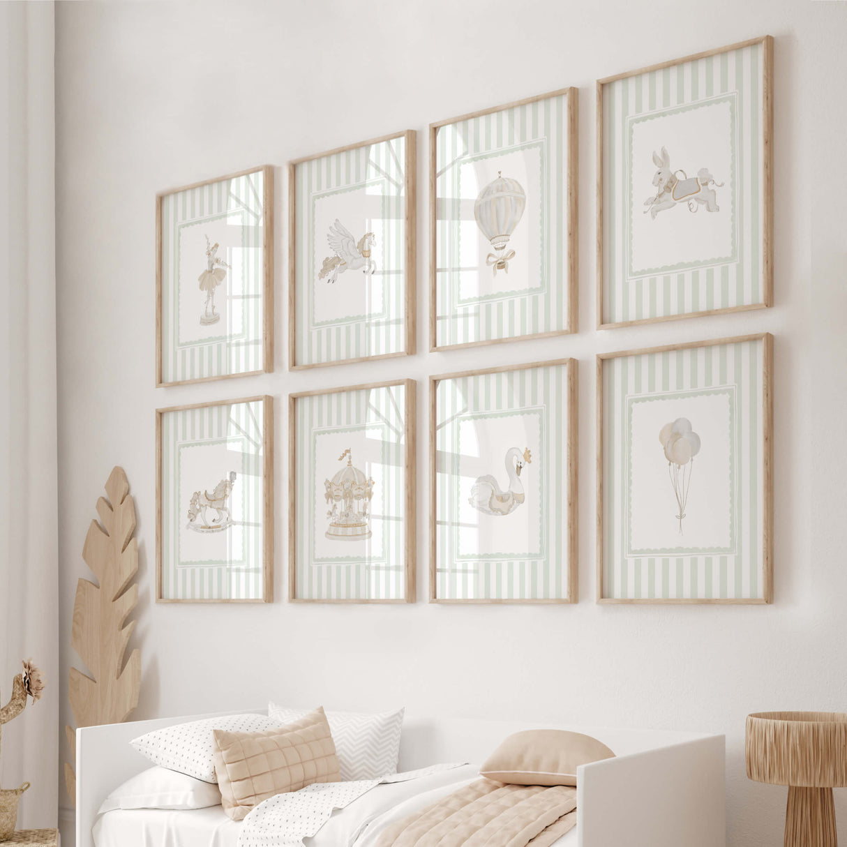 Gender neutral baby room wall art with pastel green watercolor illustrations.