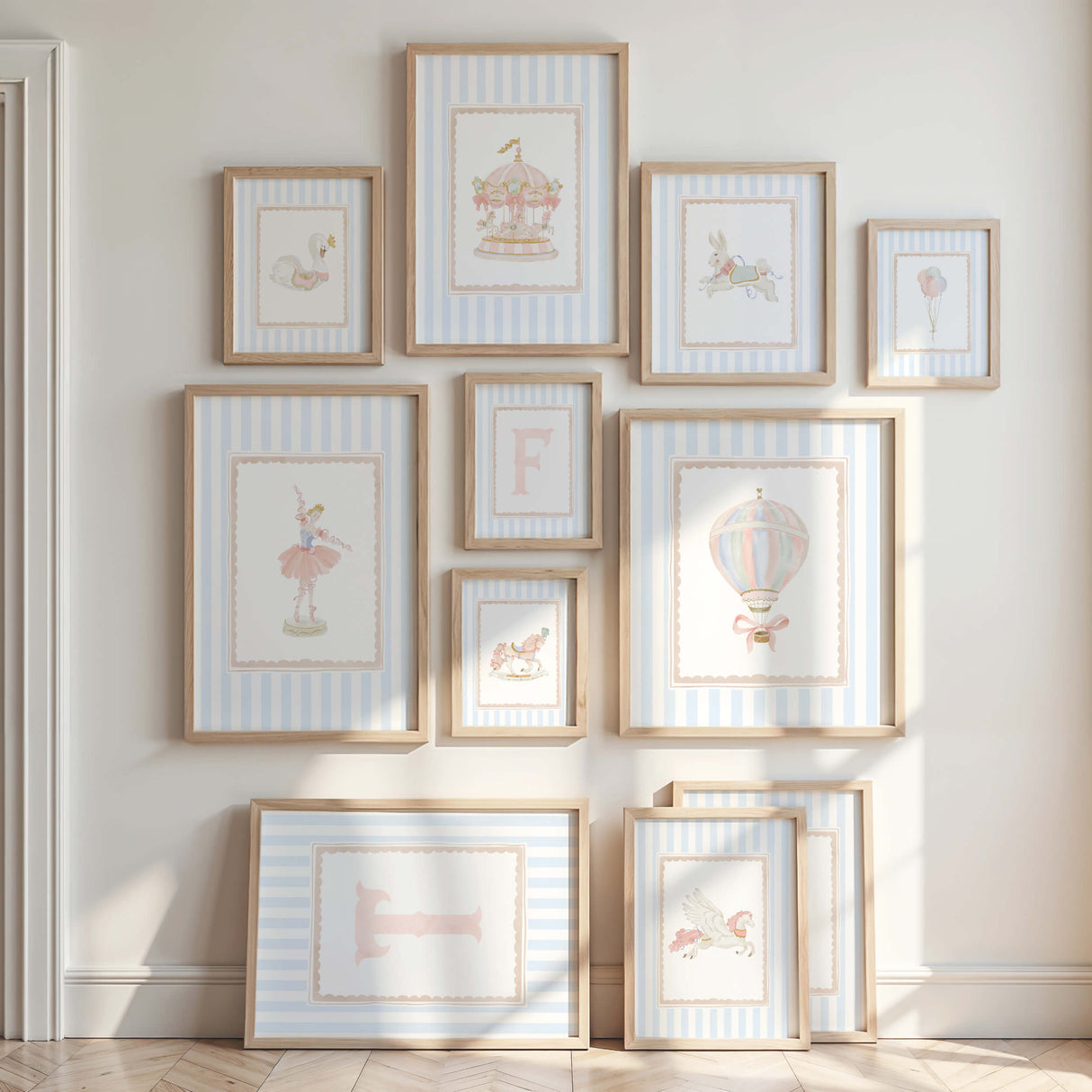 Pink initial artwork styled with carousel and ballerina nursery prints