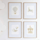 blue beige gender neutral nursery art bundle featuring circus carousel animals and customizable initial prints