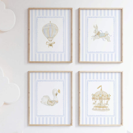 blue beige gender neutral nursery art bundle featuring circus carousel animals and customizable initial prints