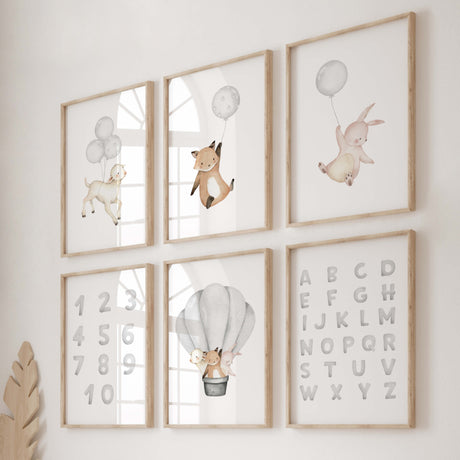 Watercolor woodland animals with balloon, hot air balloon, alphabet, numbers nursery printable in gray and beige colors for gender neutral nursery decor, sage green nursery decor, animals: sheep, fox, bunny.