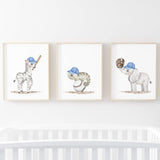 Watercolors baseball nursery print with zebra, elephant, chameleon for baby boys room decor, toddler room decor, blue nursery decor.