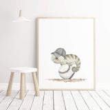 Watercolor baseball nursery print with chamaleon in gray, green colors for baby boys room and toddler room decor, kids room decor.