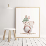 Watercolor baseball nursery print with bunny in sage green, beige, brown colors for gender neutral nursery decor, boys room decor, toddler room decor and baseball nursery decor.