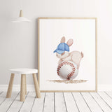 Watercolor baseball with woodland animals (bunny) nursery print for baby boys room decor, toddler room decor.