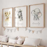 Set of 3 watercolor safari print with inspirational quote for gender neutral nursery decor, boho nursery decor, includes: lion - be brave, Elephant - dream big, Zebra - be unique.
