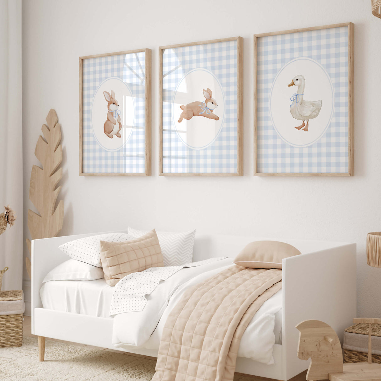 Cottagecore animal nursery art with soft blue gingham patterns
