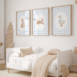 Cottagecore animal nursery art with soft blue gingham patterns
