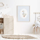 High-resolution baby boy room decor prints with blue check pattern
