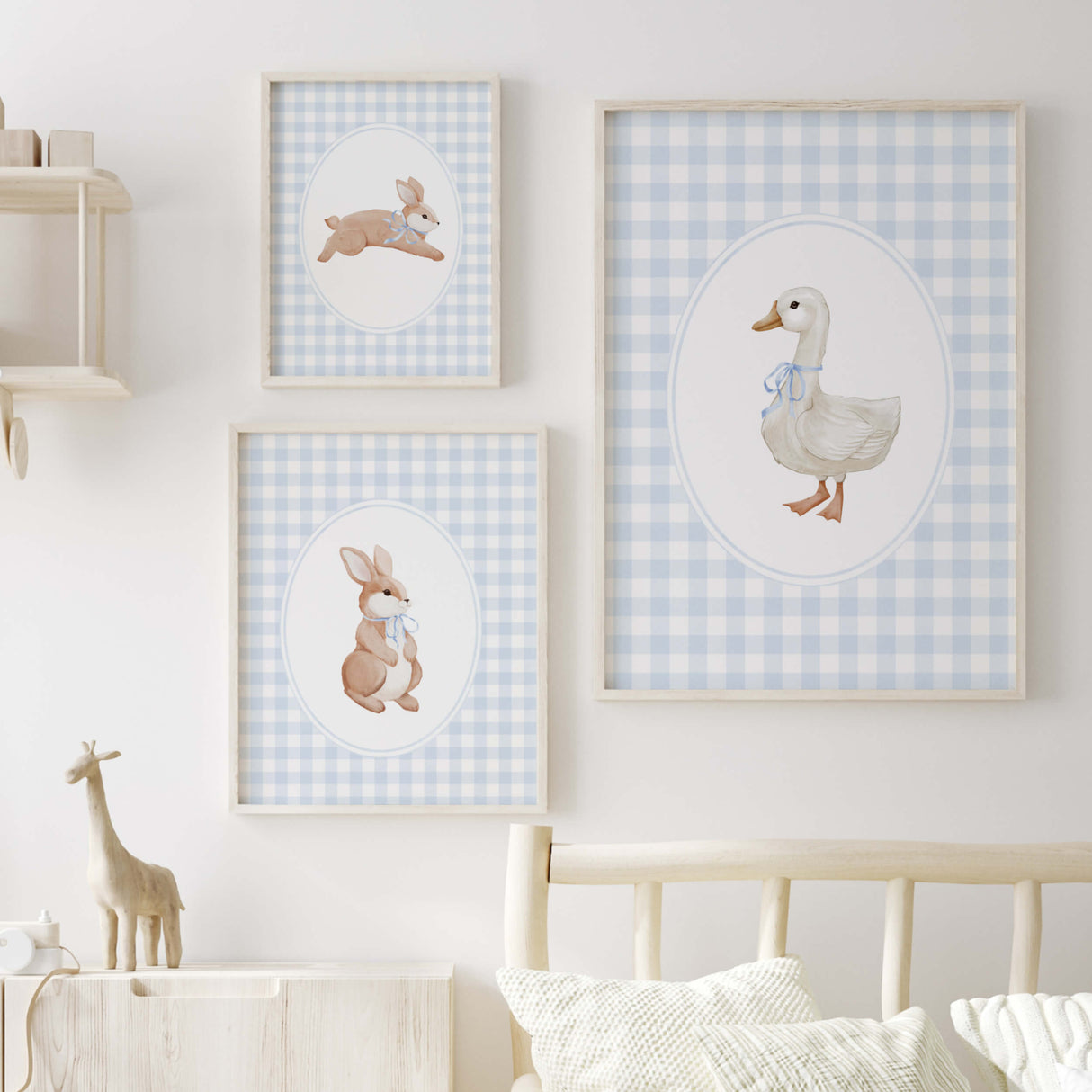 Blue nursery wall art set for baby boys with bunny and duck printables
