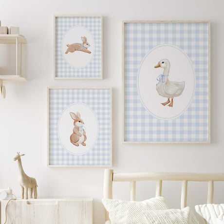 Blue nursery wall art set for baby boys with bunny and duck printables
