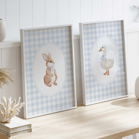 Blue gingham background nursery prints with cute baby animals
