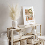 Neutral Christmas print featuring gifts and wreath for Scandinavian decor.