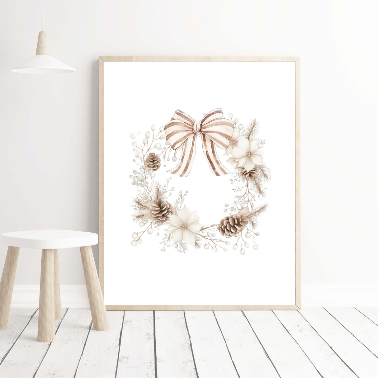 Minimalist Christmas wreath wall art with beige tones and ribbon.