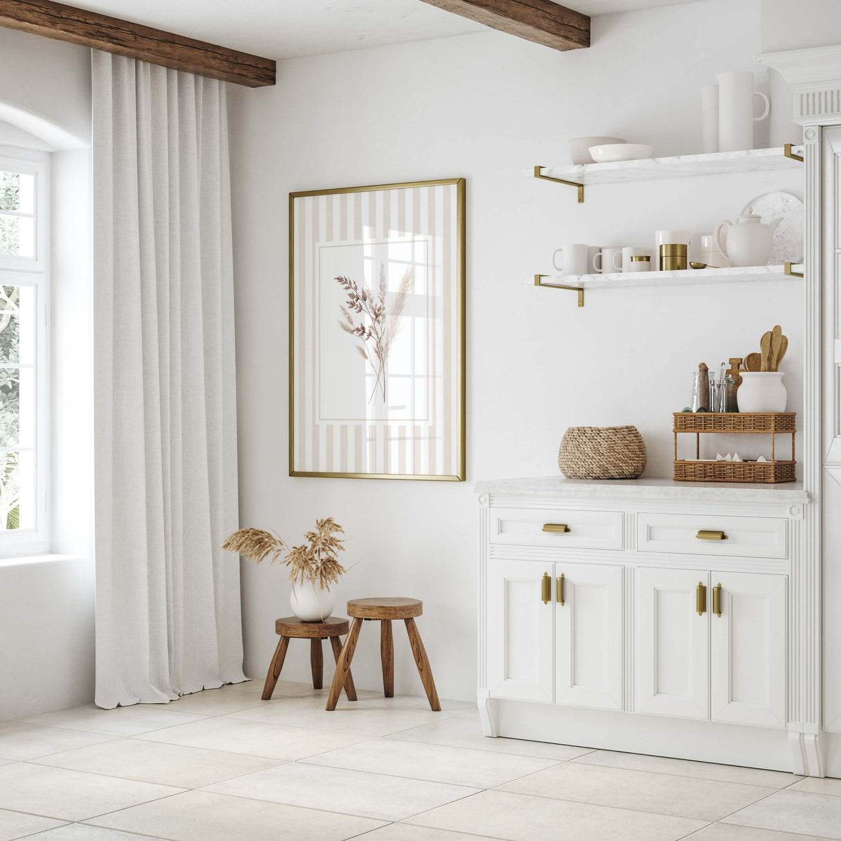 Beige botanical digital prints in set of four with soft tones

