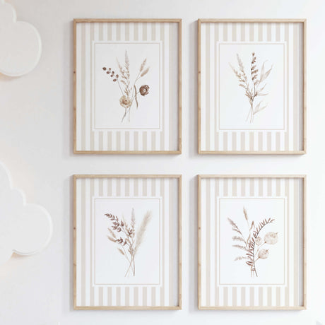 Set of 4 beige dried flower printables with striped background for nursery

