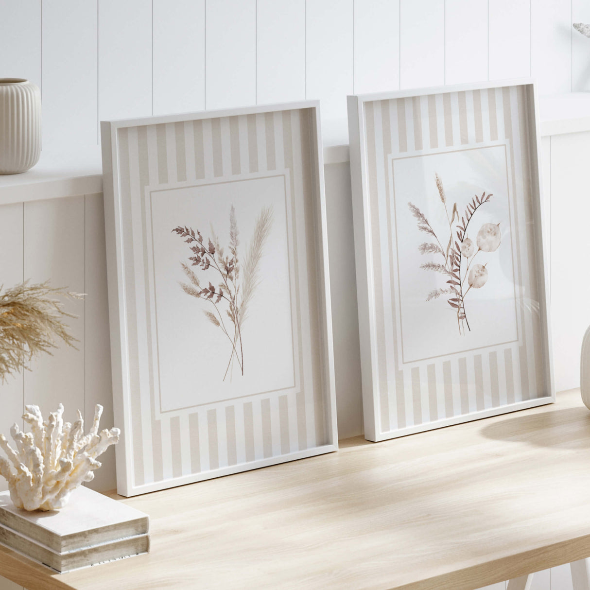 Set of 4 beige dried flower printables with striped background for nursery

