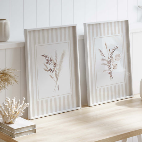 Set of 4 beige dried flower printables with striped background for nursery

