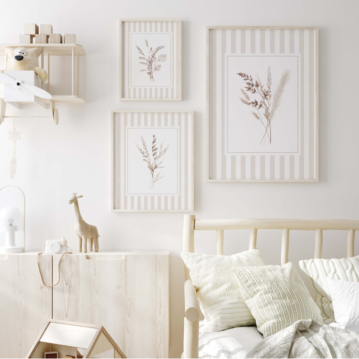 Digital wall art set of beige floral illustrations with subtle stripe frames

