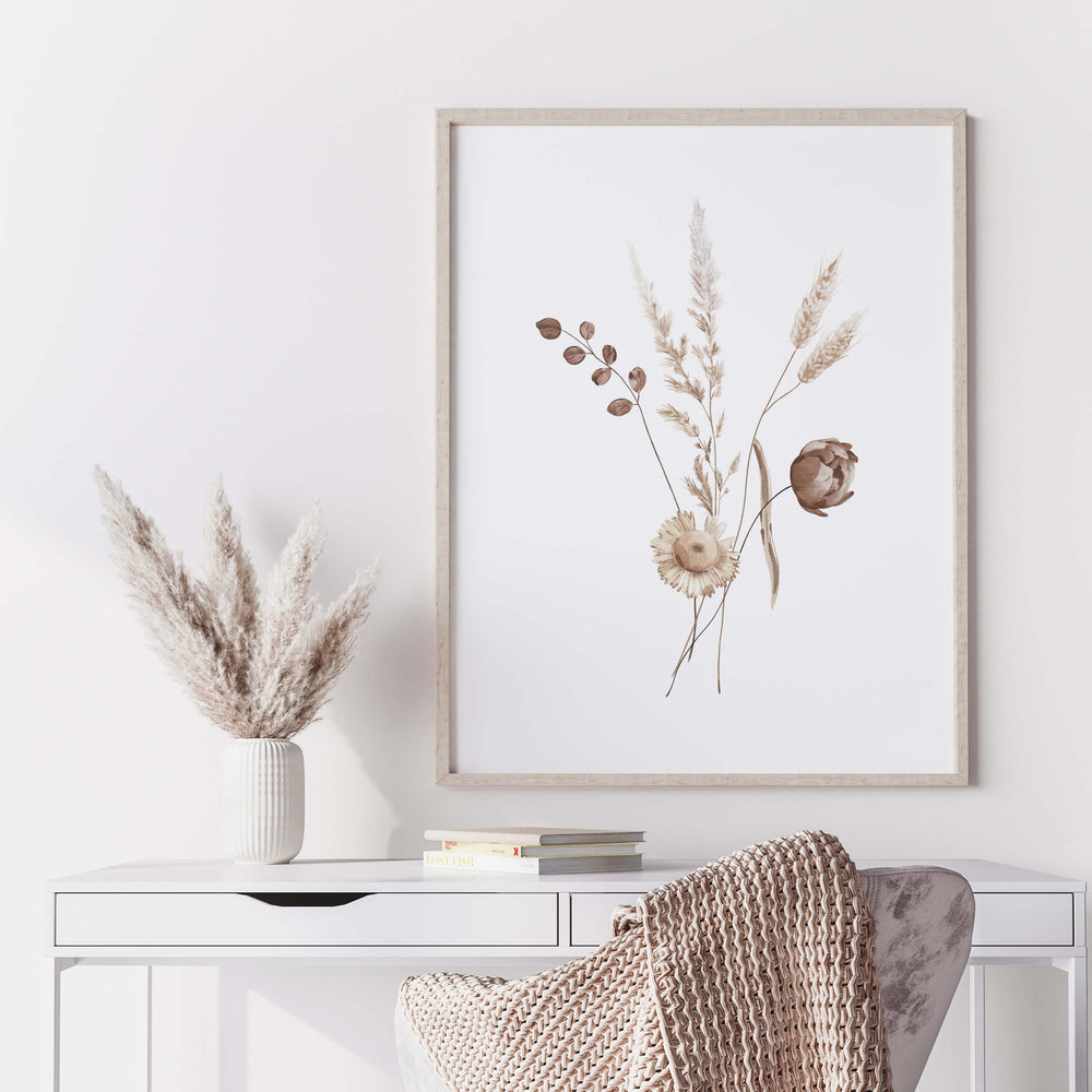 Set of four dried botanical art prints in earthy tones for wall decor

