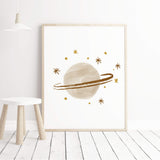 Watercolor boho printable with moon, sun, rainbow, spaceship, stars in brown and beige colors for gender neutral nursery decor, boho nursery decor, baby boys room decor, baby girls room decor.