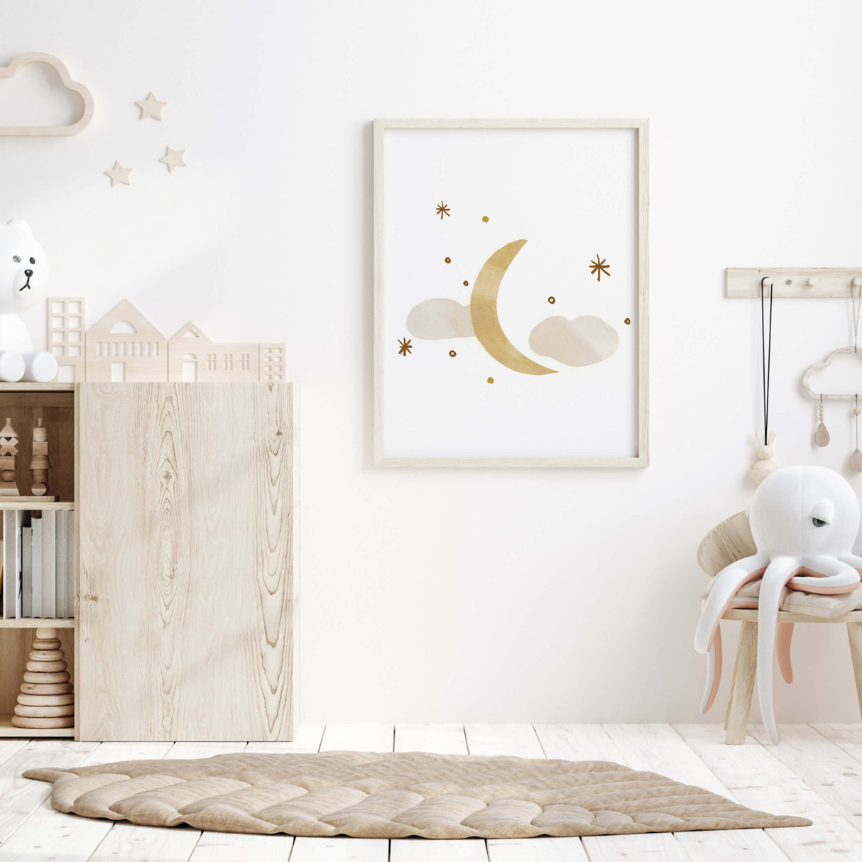 Watercolor boho print with moon, sun, rainbow, spaceship, stars in brown and beige colors for gender neutral nursery decor, boho nursery decor, baby boys room decor, baby girls room decor.