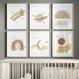 Watercolor boho poster with moon, sun, rainbow, spaceship, stars in brown and beige colors for gender neutral nursery decor, boho nursery decor, baby boys room decor, baby girls room decor, sage green nursery decor.