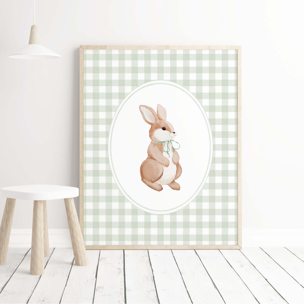 Cottagecore baby animal print set featuring bunny in green gingham frames