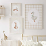Nursery print set with bunny and duck in sage green bows on beige gingham background for gender neutral baby room