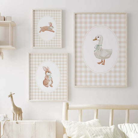 Nursery print set with bunny and duck in sage green bows on beige gingham background for gender neutral baby room