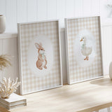 Printable nursery artwork set with cute animals in soft sage and beige for calming baby decor
